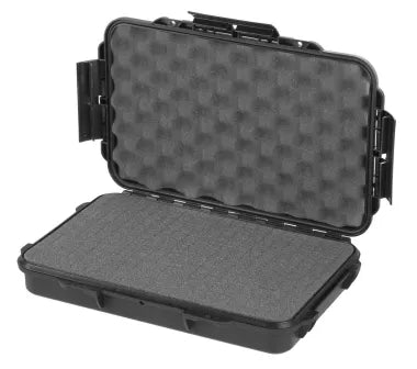 Kompaktes, Transportkoffer-Etui von TOMcase, mit Rasterschaumstoff und Noppe, stoßfest und wasserdicht für sicheren Schutz von Kleinzubehör. Innenmaße: 31x19x5 cm.