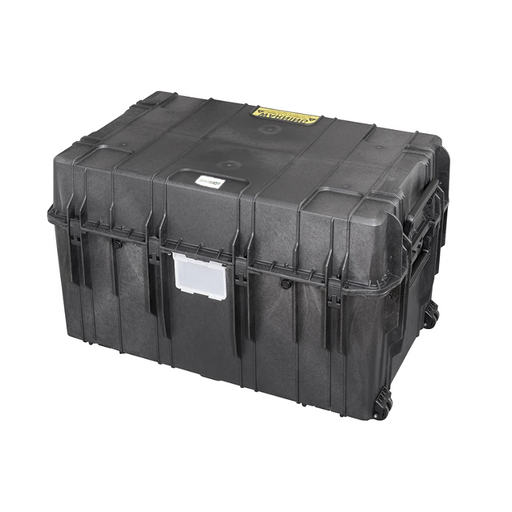 Großer schwarzer Hartschalen-Transportkoffer mit Rollen und Tragegriffen, robustes Gehäuse mit den Maßen 109x68x64cm für sicheren Schutz von Ausrüstung.