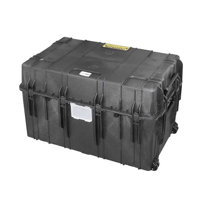 Großer schwarzer Hartschalen-Transportkoffer mit Rollen und Tragegriffen, robustes Gehäuse mit den Maßen 109x68x64cm für sicheren Schutz von Ausrüstung.