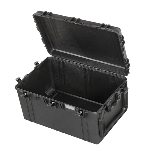 Robuster Transportkoffer in schwarz mit Trolley-Funktion, ohne Inhalt , stoßfest und wasserdicht für sicheren Schutz und Transport. Innenmaße: 75x48x40 cm.