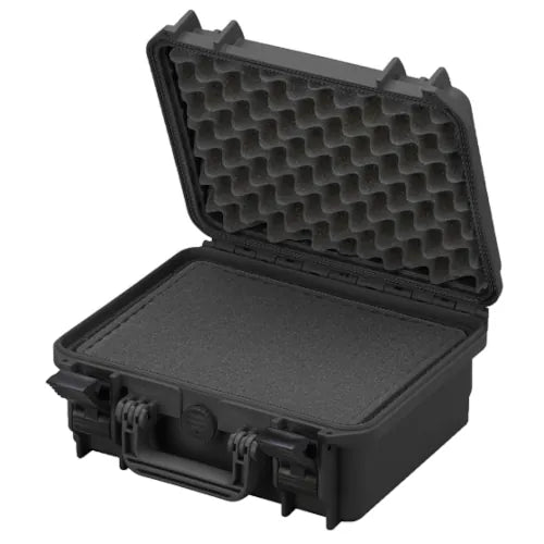 Robuster Transportkoffer in schwarz, mit Rasterschaumstoff im Boden und Noppenschaum im Deckel, stoßfest und wasserdicht für sicheren Schutz und Transport. Innenmaße: 30x22x13 cm