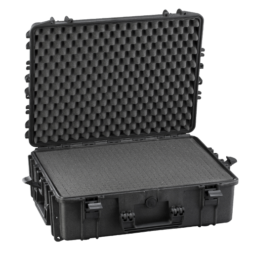 Robuster Transportkoffer in schwarz, mit Rasterschaumstoff im Boden und Noppenschaum im Deckel, stoßfest und wasserdicht für sicheren Schutz und Transport. Innenmaße: 53x40x19 cm.