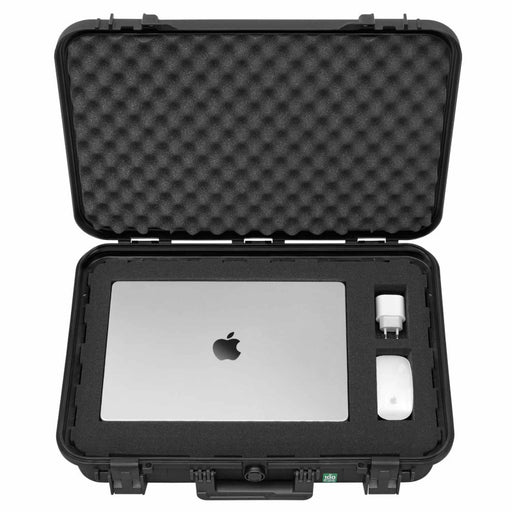 Transportkoffer mit anpassbarem Rasterschaumstoff für Laptops und Zubehör, stoßfest und wasserfest für sicheren Schutz von Laptops, Notebooks und Zubehör.
