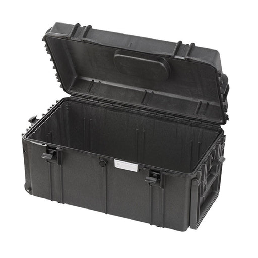 Robuster Transportkoffer in schwarz mit Trolley-Funktion, ohne Inhalt , stoßfest und wasserdicht für sicheren Schutz und Transport. Innenmaße: 63x33x33 cm.