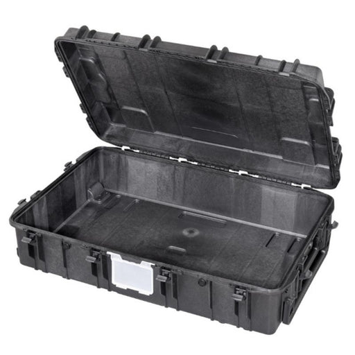 Robuster schwarzer Hartschalen-Transportkoffer aus Kunststoff, leer und offen, ideal für Werkzeug, Kamera- oder Outdoor-Ausrüstung.