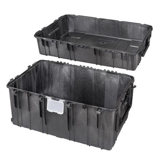 Großer schwarzer Hartschalen-Transportkoffer mit abnehmbarem Deckel, mit Rollen und Tragegriffen. Robustes Gehäuse mit den Maßen 109x68x64cm für sicheren Schutz von Ausrüstung.
