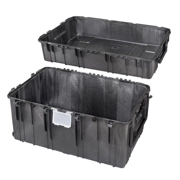 Großer schwarzer Hartschalen-Transportkoffer mit abnehmbarem Deckel, mit Rollen und Tragegriffen. Robustes Gehäuse mit den Maßen 109x68x64cm für sicheren Schutz von Ausrüstung.