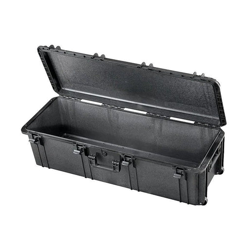 Robuster Transportkoffer in schwarz mit Trolley-Funktion, ohne Inhalt , stoßfest und wasserdicht für sicheren Schutz und Transport. Innenmaße: 110x37x33 cm.