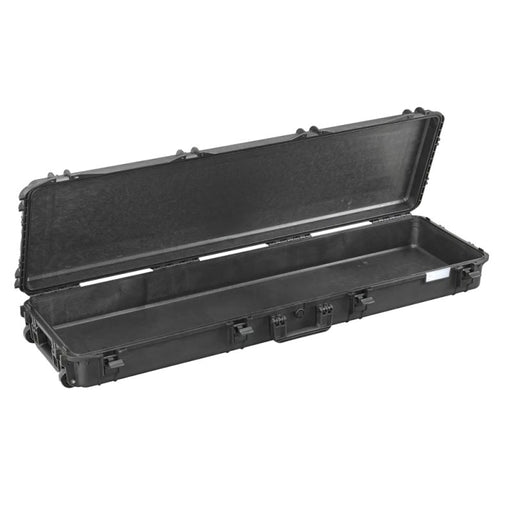 Robuster, langer und flacher Transportkoffer in schwarz mit Trolley-Funktion, ohne Inhalt , stoßfest und wasserdicht für sicheren Schutz und Transport. Innenmaße: 135x37x15 cm.