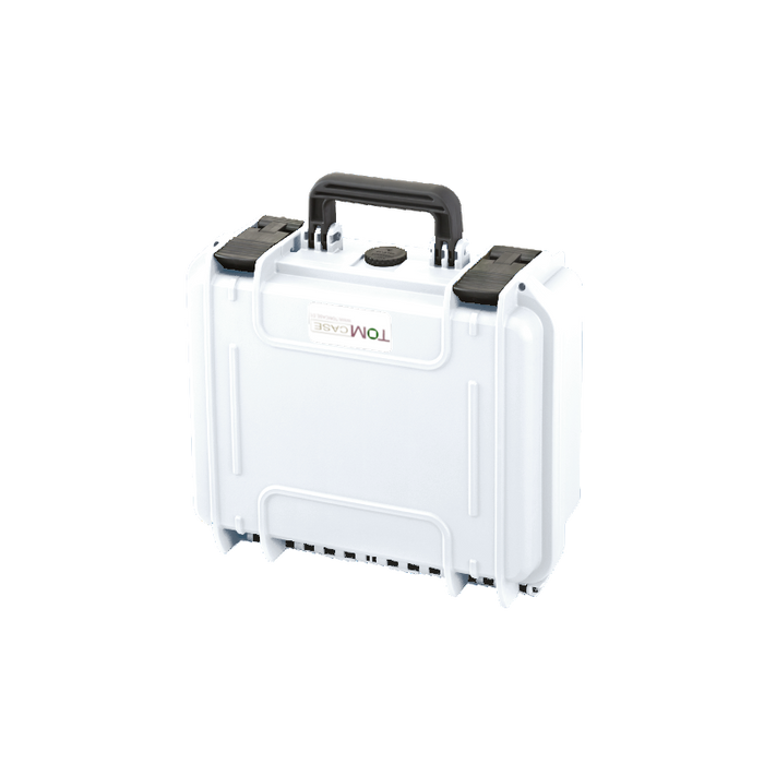White rugged DJI Mini 3 Pro drone case with black handle and secure locking latches, designed for travel protection.