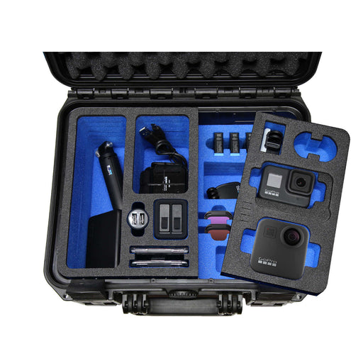 Robuster, kompakter Transportkoffer, Farbe schwarz, mit passgenauem Schaumstoff-Inlay für GoPro Max und Zubehör, stoßfest, wasserdicht und ideal für sicheren Schutz.