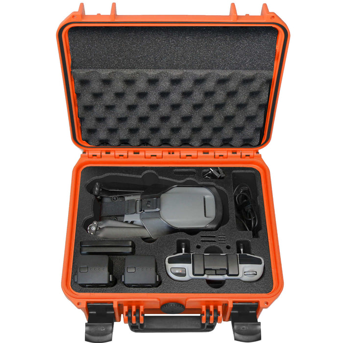 Kleiner, stoßfester, orangener Drohnenkoffer mit passgenauem Schaumstoff-Inlay für DJI Mavic 3 Pro und Zubehör, wasserdicht und perfekt sicheren Transport und Aufbewahrung.