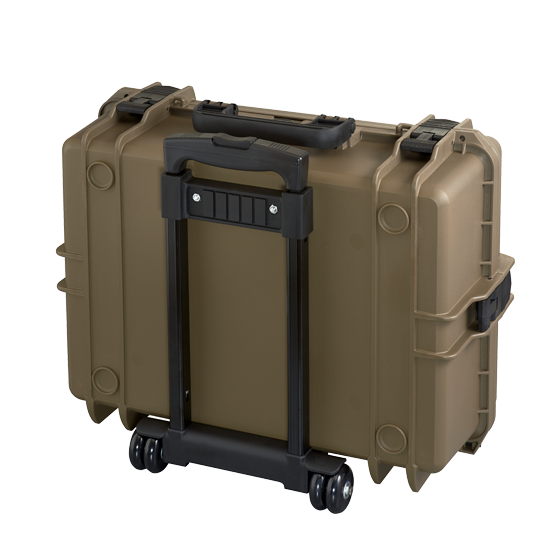 Robuster Tranpsortkoffer in oliv mit Trolley-Funktion für sicheren Transport von Kamera und Zubehör. Innenmaße: 50x35x19 cm.