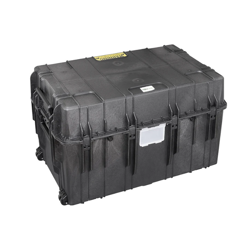 Großer schwarzer Hartschalen-Transportkoffer mit Rollen und Tragegriffen, robustes Gehäuse mit den Maßen 109x68x64cm für sicheren Schutz von Ausrüstung.