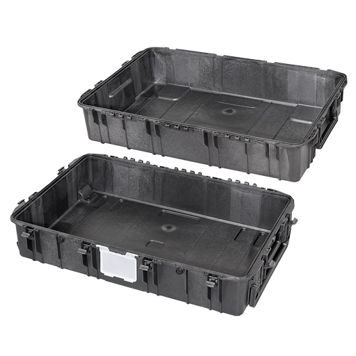 Schwarzer, leerer Hartschalen-Transportkoffer mit den Maßen 109x68x41 cm, mit abnehmbarem Deckel, ideal für Werkzeug und Ausrüstung.