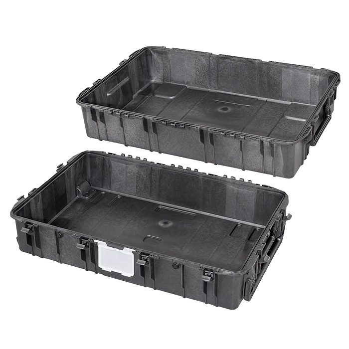 Schwarzer, leerer Hartschalen-Transportkoffer mit den Maßen 109x68x41 cm, mit abnehmbarem Deckel, ideal für Werkzeug und Ausrüstung.
