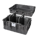 Großer schwarzer Hartschalen-Transportkoffer mit Rollen und Tragegriffen und Abtrennungsbretter im Innenraum. Robustes Gehäuse mit den M für sicheren Schutz von Ausrüstung.ßen 109x68x64cm