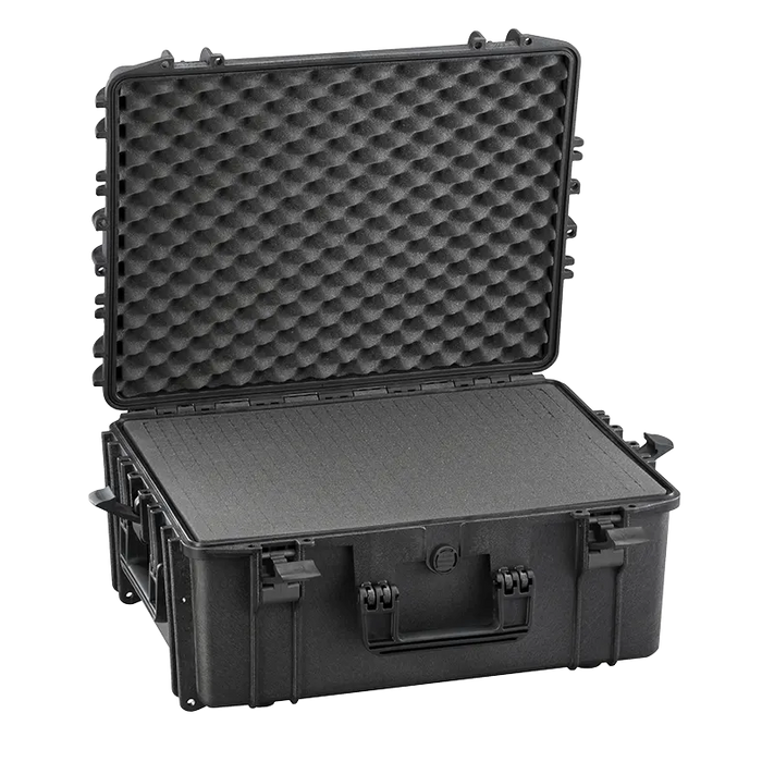 Robuster Transportkoffer in schwarz, mit Rasterschaumstoff im Boden und Noppenschaum im Deckel, stoßfest und wasserdicht für sicheren Schutz und Transport. Innenmaße: 50x40x24 cm.