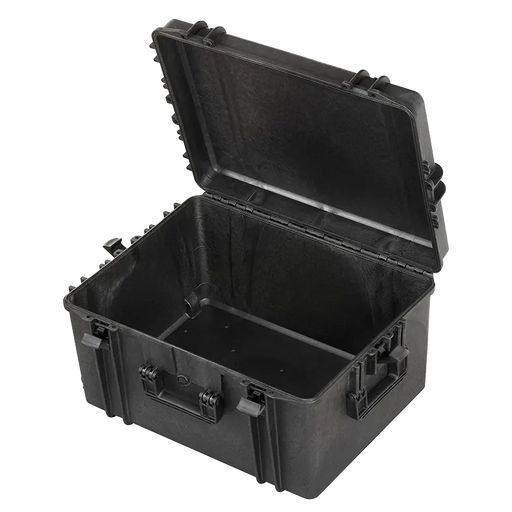 Robuster Transportkoffer in schwarz mit Trolley-Funktion, ohne Inhalt , stoßfest und wasserdicht für sicheren Schutz und Transport. Innenmaße: 62x46x34 cm.
