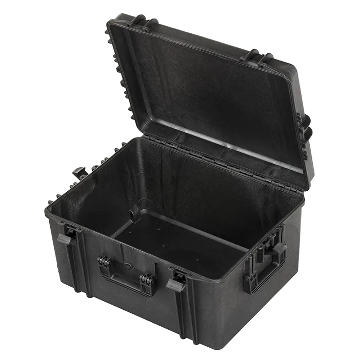 Robuster Transportkoffer in schwarz mit Trolley-Funktion, ohne Inhalt , stoßfest und wasserdicht für sicheren Schutz und Transport. Innenmaße: 62x46x34 cm.
