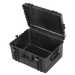 Robuster Transportkoffer in schwarz mit Trolley-Funktion, ohne Inhalt , stoßfest und wasserdicht für sicheren Schutz und Transport. Innenmaße: 62x46x34 cm.