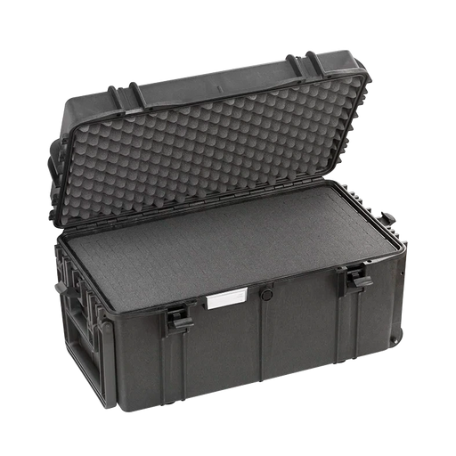 Robuster Transportkoffer in schwarz mit Trolley-Funktion, mit Rasterschaumstoff im Boden und Noppenschaum im Deckel, stoßfest und wasserdicht für sicheren Schutz und Transport. Innenmaße: 63x33x33 cm.