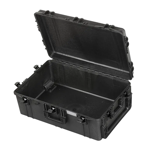 Robuster Transportkoffer in schwarz mit Trolley-Funktion, ohne Inhalt , stoßfest und wasserdicht für sicheren Schutz und Transport. Innenmaße: 75x48x28 cm.
