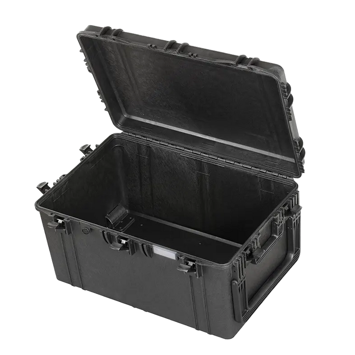 Robuster Transportkoffer in schwarz mit Trolley-Funktion, ohne Inhalt , stoßfest und wasserdicht für sicheren Schutz und Transport. Innenmaße: 75x48x40 cm.