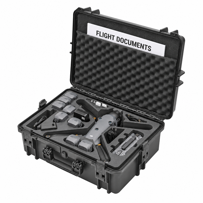 Transportkoffer für DJI Mavic 4 mit Dokumenten-Tasche im Deckel. Nuttzungsbeispiel