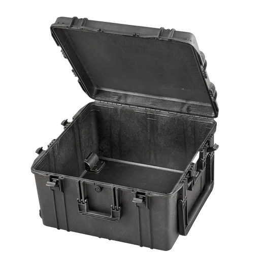 Robuster Transportkoffer in schwarz mit Trolley-Funktion, ohne Inhalt , stoßfest und wasserdicht für sicheren Schutz und Transport. Innenmaße: 61x61x36 cm.