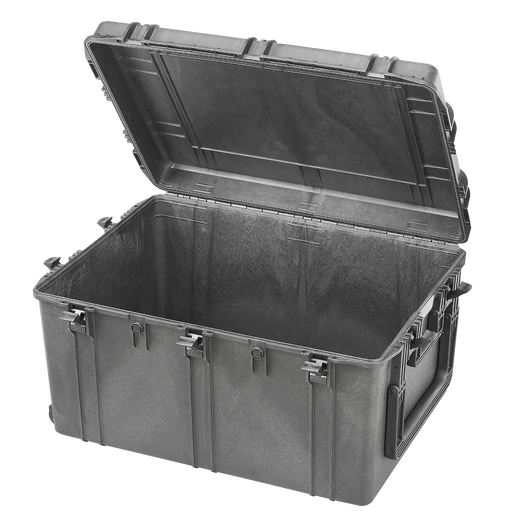 Robuster Transportkoffer in schwarz mit Trolley-Funktion, ohne Inhalt , stoßfest und wasserdicht für sicheren Schutz und Transport. Innenmaße: 82x60x45 cm.