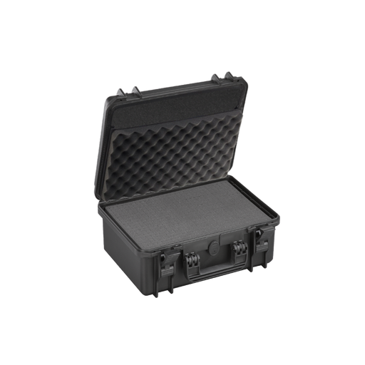 Robuster Transportkoffer in schwarz, mit Rasterschaumstoff im Boden und Dokumententasche im Deckel, stoßfest und wasserdicht für sicheren Schutz und Transport. Innenmaße: 30x22x13 cm.