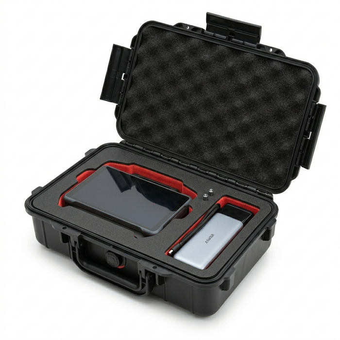 Geöffnetes TOMcase Koffer-Etui für DJI RC Pro 2 Controller mit eingelegtem Controller, Powerbank und Kabel im passgenauen Schaumstoffeinsatz.