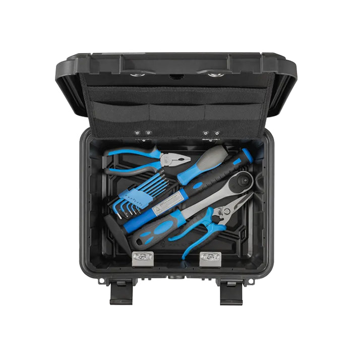 Robuster Werkzeugkoffer Größe S mit Platz für kleine Werkzeugausstattung dank Werkzeugtafel und Stauraum, stoßfest, spritzwassergeschützt und ideal für den mobilen Einsatz.
