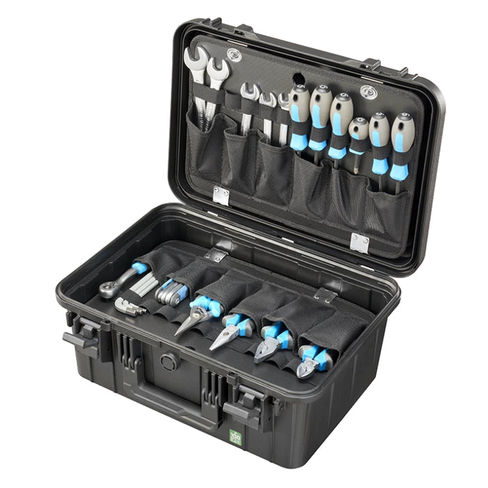 Robuster Werkzeugkoffer Größe M mit Platz für umfangreiche Werkzeugausstattung dank Werkzeugtafeln, stoßfest, spritzwassergeschützt und ideal für den mobilen Einsatz.