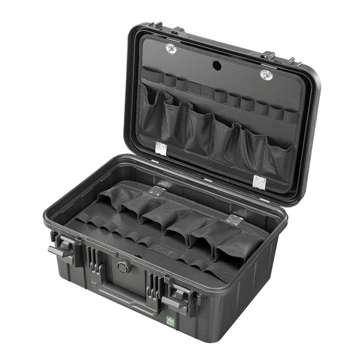 Robuster Werkzeugkoffer Größe M mit Platz dank Werkzeugtafeln, stoßfest, spritzwassergeschützt und ideal für den mobilen Einsatz.