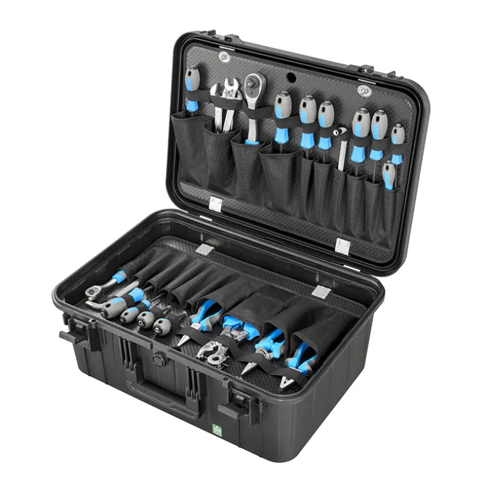 Robuster Werkzeugkoffer Größe M mit Platz für umfangreiche Werkzeugausstattung dank Werkzeugtafeln, stoßfest, spritzwassergeschützt und ideal für den mobilen Einsatz.