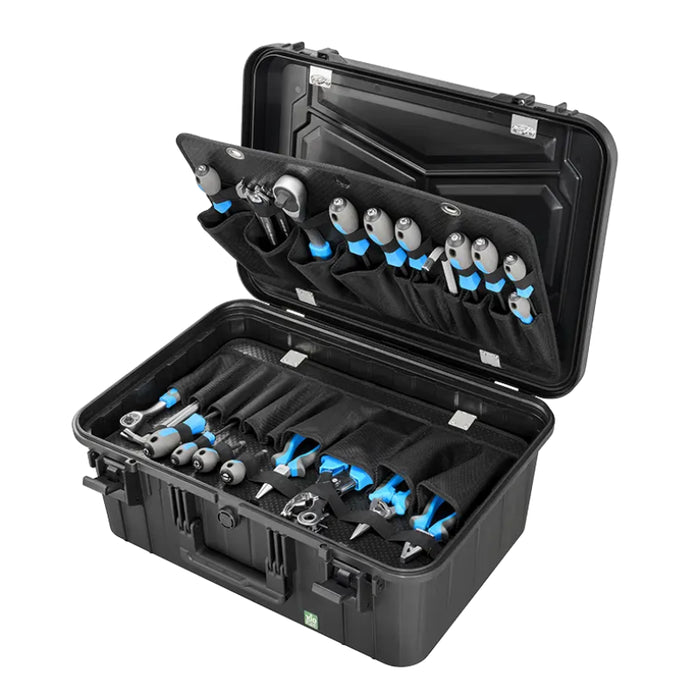 Robuster Werkzeugkoffer Größe M mit Platz für umfangreiche Werkzeugausstattung dank Werkzeugtafeln, stoßfest, spritzwassergeschützt und ideal für den mobilen Einsatz.