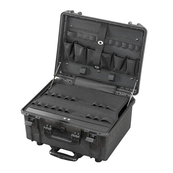 Robuster, schlagfester Werkzeugkoffer mit Trolley-Funktion mit Platz für umfangreiche Werkzeugausstattung dank Werkzeugtafeln, wasserdicht & stoßfest  und ideal für den mobilen Einsatz. 