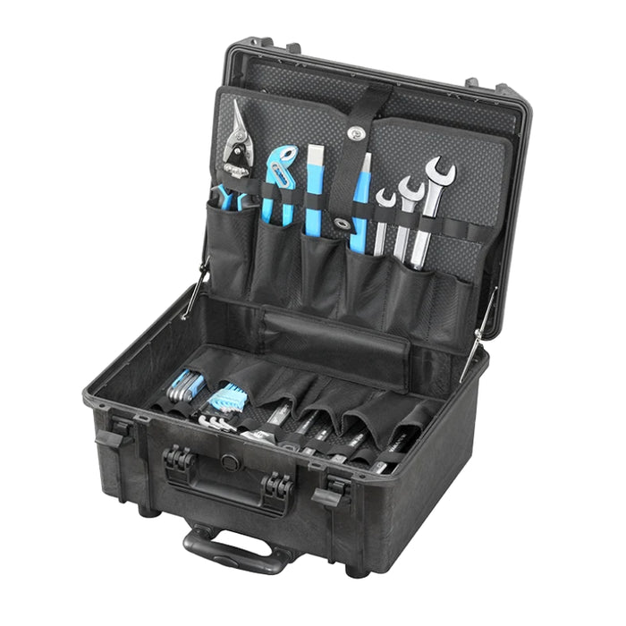 Robuster, schlagfester Werkzeugkoffer mit Trolley-Funktion mit Platz für umfangreiche Werkzeugausstattung dank Werkzeugtafeln, wasserdicht & stoßfest  und ideal für den mobilen Einsatz. 