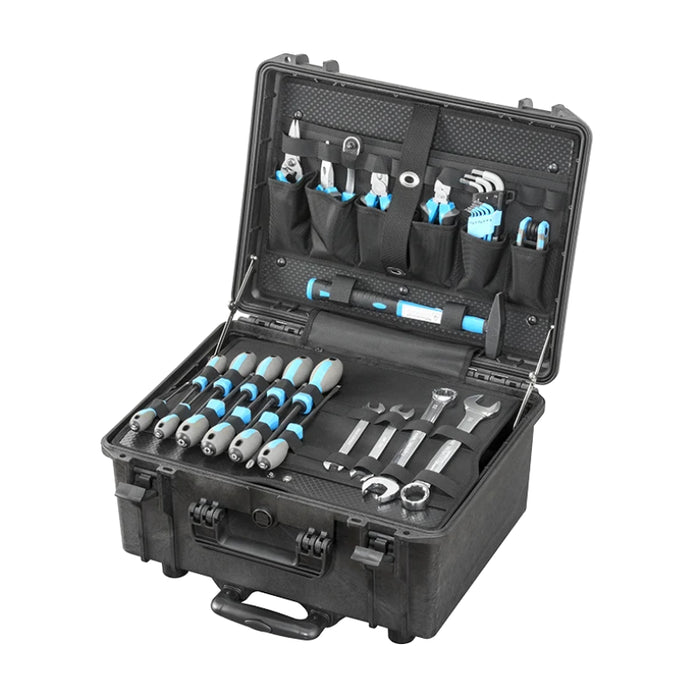 Robuster, schlagfester Werkzeugkoffer mit Trolley-Funktion mit Platz für umfangreiche Werkzeugausstattung dank Werkzeugtafeln, wasserdicht & stoßfest  und ideal für den mobilen Einsatz. 