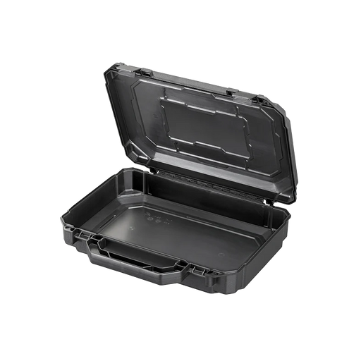 Kleiner schwarzer Hartschalen-Transportkoffer ohne Inhalt mit den Maßen 29x20x5 cm.