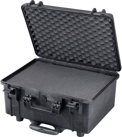 Robuster Transportkoffer in schwarz mit Trolley-Funktion, geschlossen, stoßfest und wasserdicht für sicheren Schutz und Transport. Innenmaße: 46x33x22 cm.