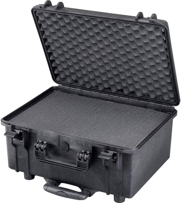 Robuster Transportkoffer in schwarz mit Trolley-Funktion, geschlossen, stoßfest und wasserdicht für sicheren Schutz und Transport. Innenmaße: 46x33x22 cm.