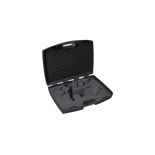 Leichter, handlicher Transportkoffer in schwarz, mit Rasterschaumstoff im Boden und Noppenschaumstoff im Deckel, stoßfest für sicheren Schutz und Transport. Innenmaße: 51×37×12 cm