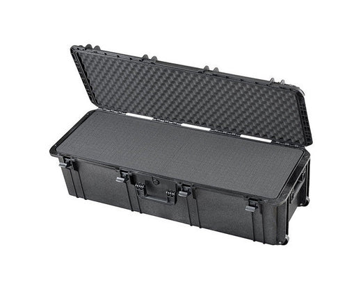 Robuster Transportkoffer in schwarz mit Trolley-Funktion, mit Rasterschaumstoff im Boden und Noppenschaum im Deckel, stoßfest und wasserdicht für sicheren Schutz und Transport. Innenmaße: 110x37x33 cm.