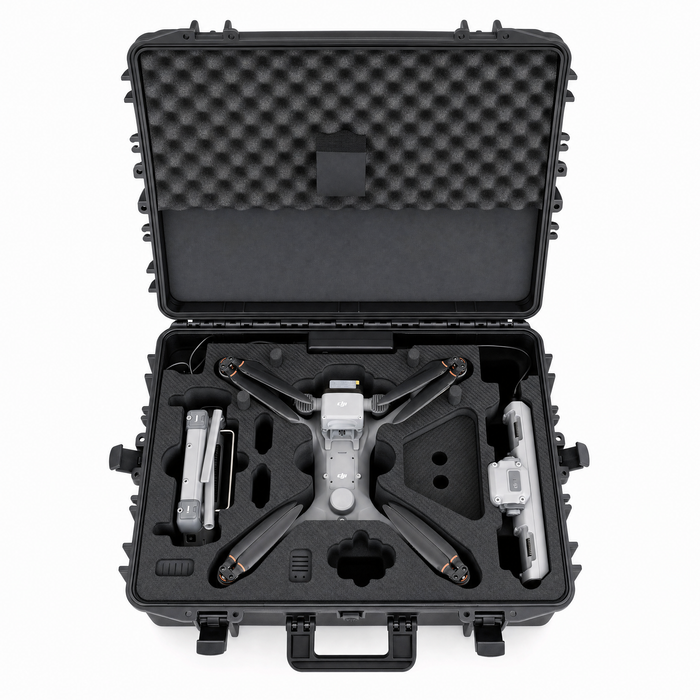 Voll bestücktes Inlay des TOMcase Koffers für DJI Matrice 4D/4TD in der Draufsicht mit Drohne, Akkus und Fernsteuerung.