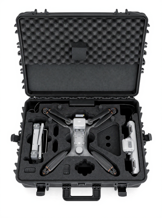 Passgenaues Schaumstoff-Inlay des TOMcase Koffers für DJI Matrice 4D/4TD in der Draufsicht mit eingelegter Drohne und Akkus.