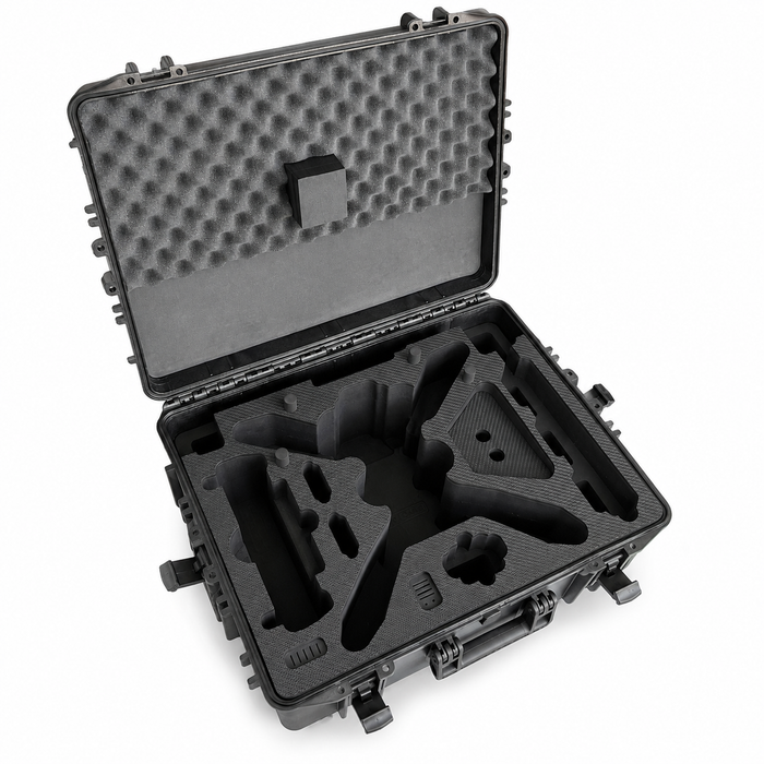 TOMcase Drohnenkoffer für DJI Matrice 4D/4TD geöffnet und leer – maßgefertigtes Inlay und gepolsterter Schaumstoff-Deckel.