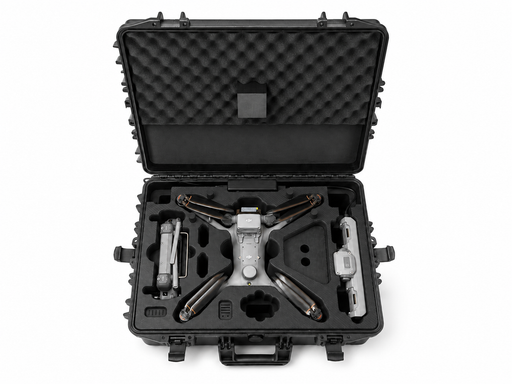 Geöffneter TOMcase Hartschalenkoffer für DJI Matrice 4D/4TD von vorne, komplett bestückt mit Drohne, RC Plus Fernsteuerung und Zubehör.